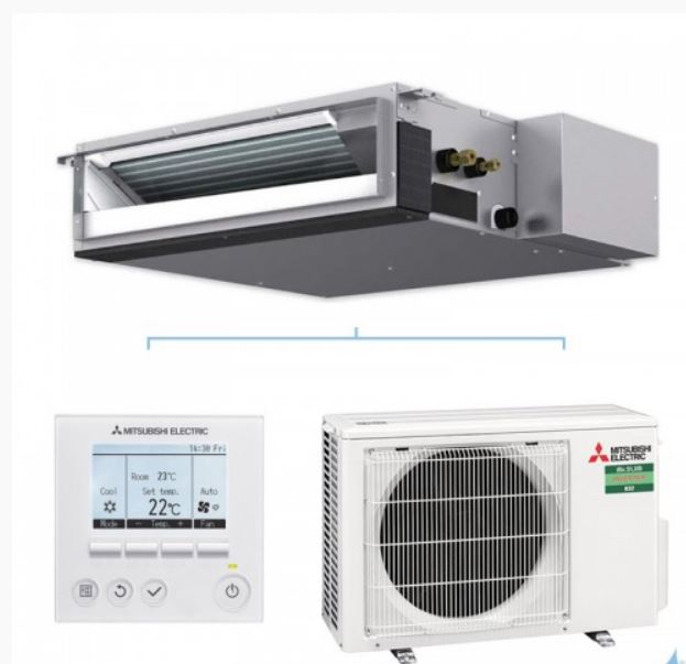 Unité intérieure de climatisation encastrable, une télécommande murale et une unité extérieure, toutes portant la marque Mitsubishi Electric.
